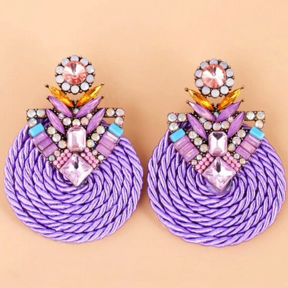 Rhinestone Drop Earrings Fashion Statement Purple Studs Women's Wicker Jewelry - Picture 2 of 4